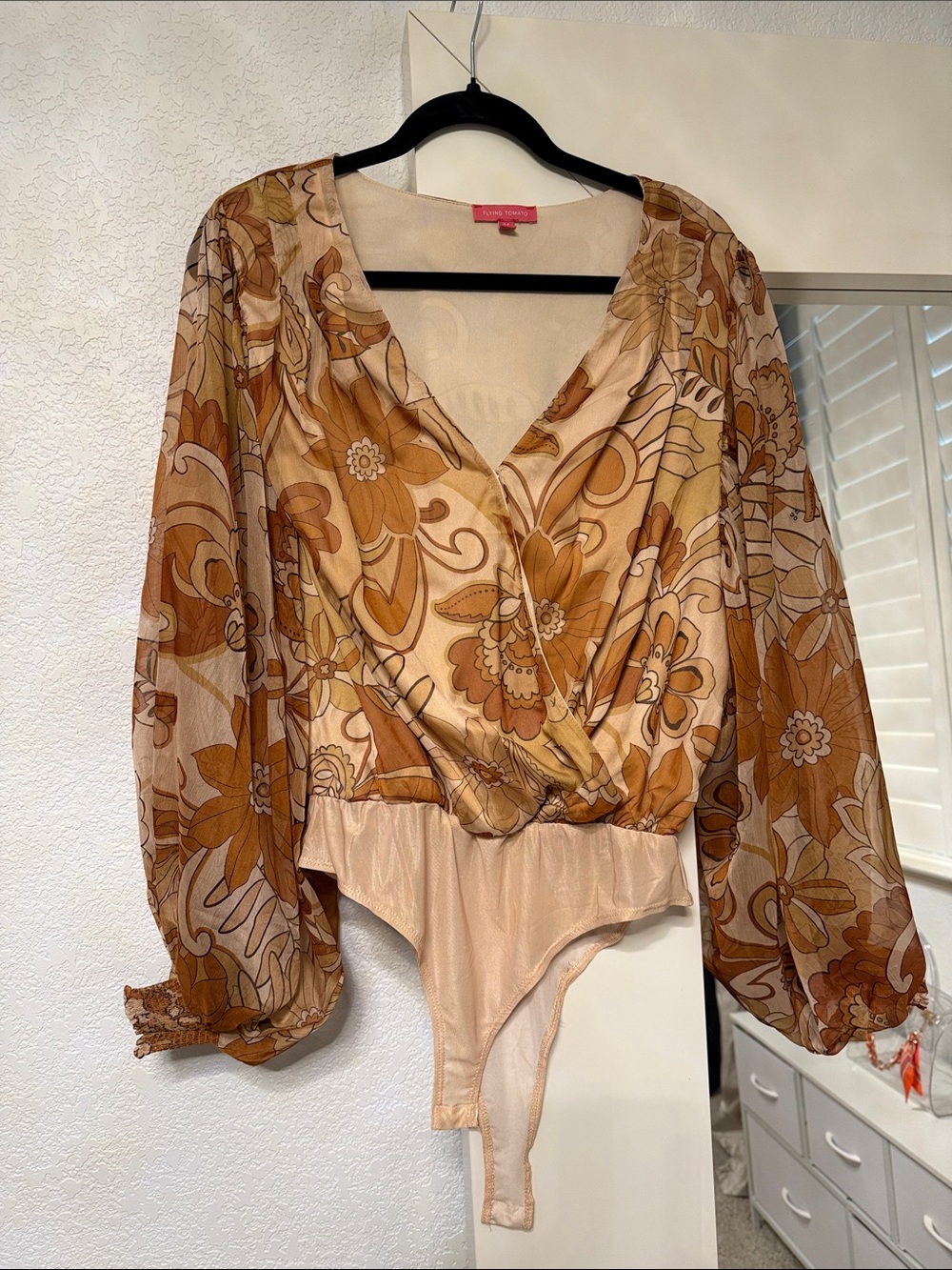 Flying Tomato Floral Wrap Bodysuit in Beige and Brown